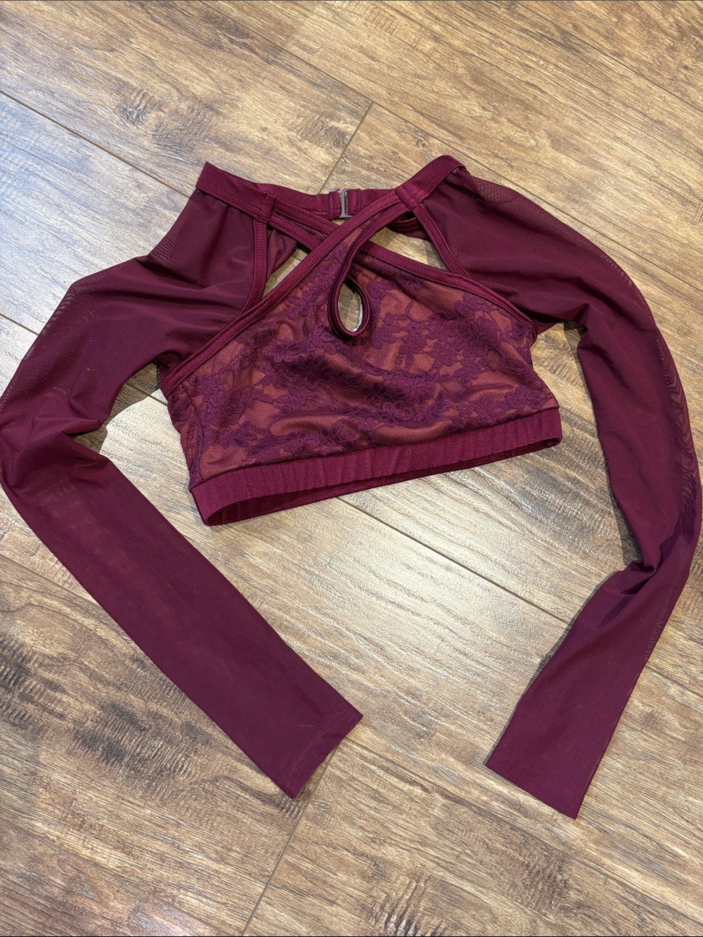 balera Burgundy Lace mesh Long Sleeve Crop dance Top
